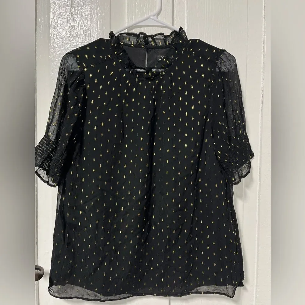 J Crew puff sleeve black Blouse with gold embroidery metallic thread size small